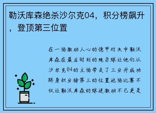 勒沃库森绝杀沙尔克04，积分榜飙升，登顶第三位置