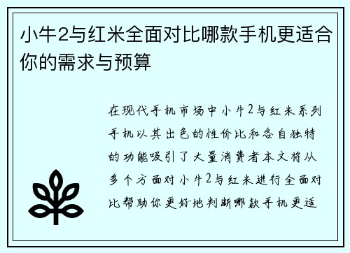 小牛2与红米全面对比哪款手机更适合你的需求与预算